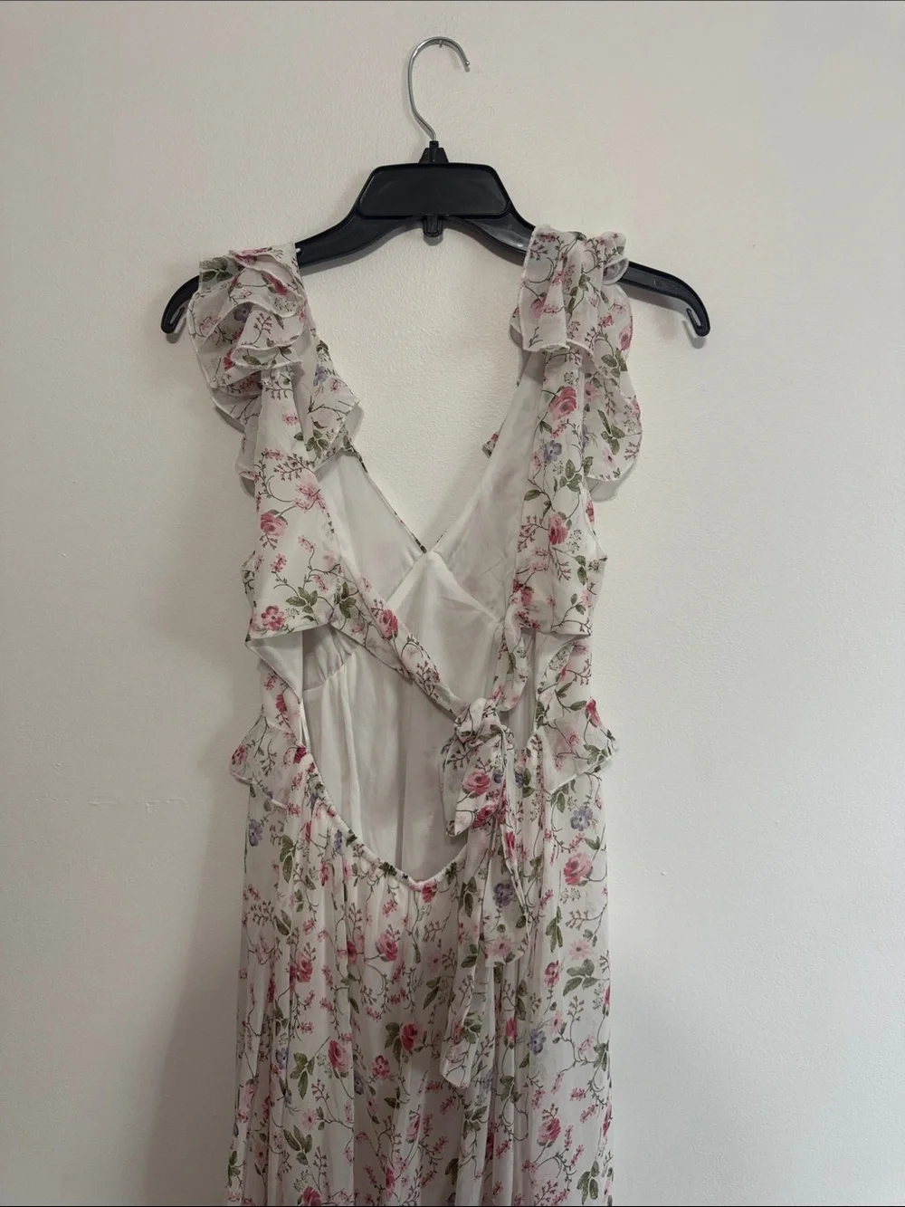 Audrey Parks Floral Ruffle V-Neck Maxi Dress in White with Pink & Green Print
